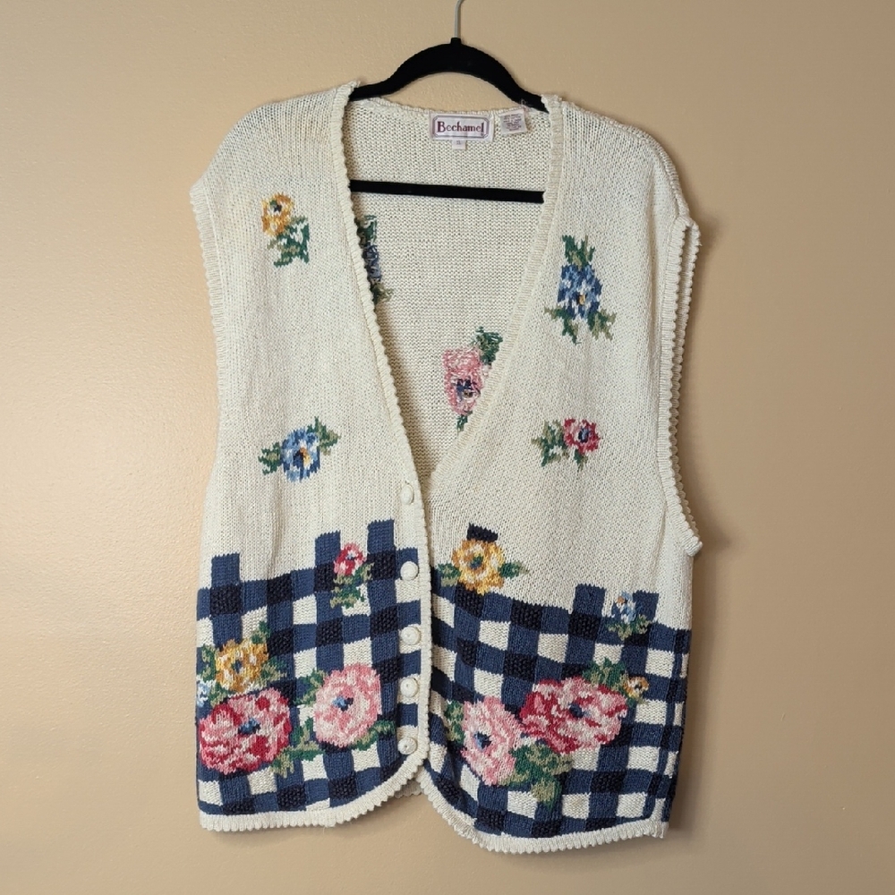Vintage Bechamel Grandma Core Knit Floral Vest Size XL